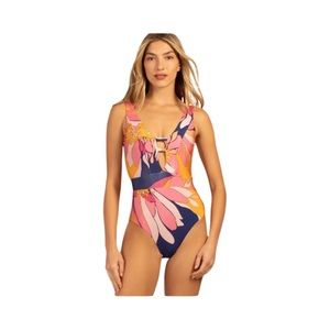 Trina Turk Womens Breeze Maillot 1 Piece Plunge Swimsuit Size 14 NWT